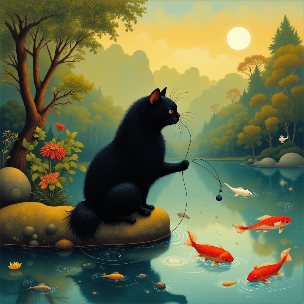 Cute Cat Fishing in Koi Pond at Golden Hour