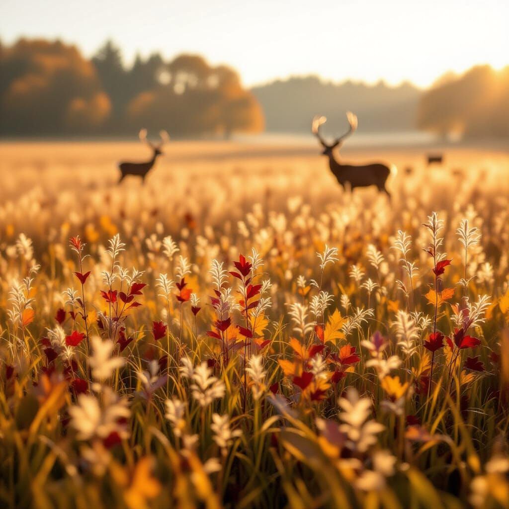 Autumn Landscape with Distant Deer and Golden Haze