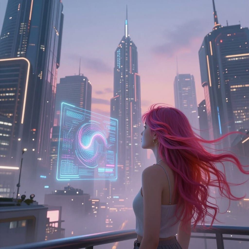 Woman in Futuristic Cityscape Gazing at Hologram
