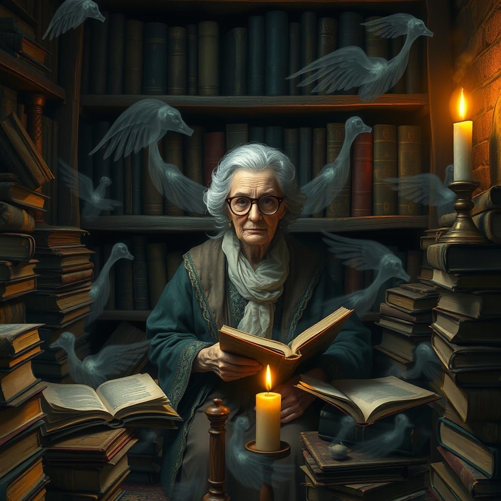 Ethereal Godmother Amidst Ancient Tomes and Whispers