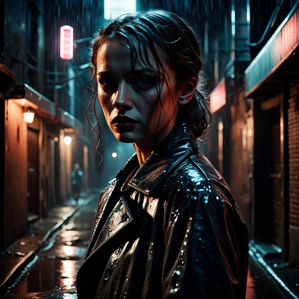 Film Noir Woman in Rainy Alleyway
