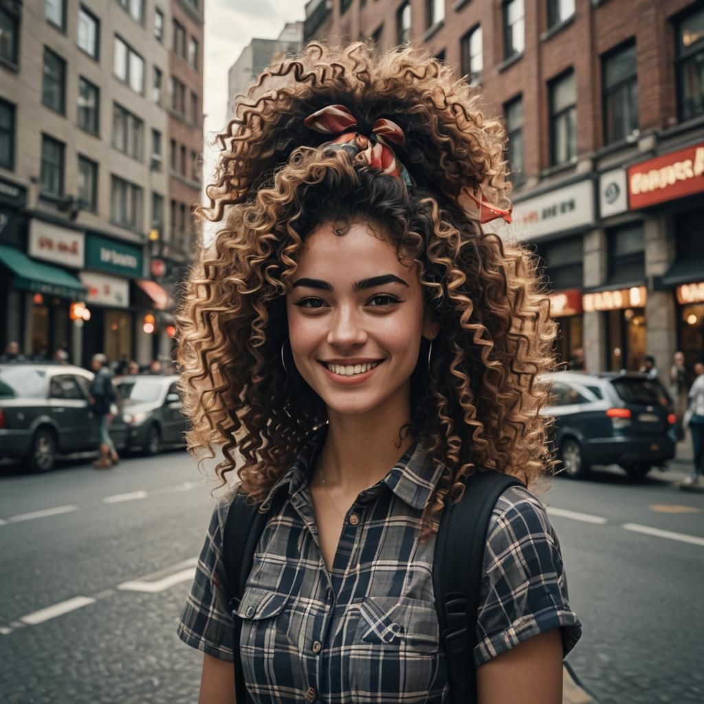 Smiling Girl in City: Cinematic Film Still