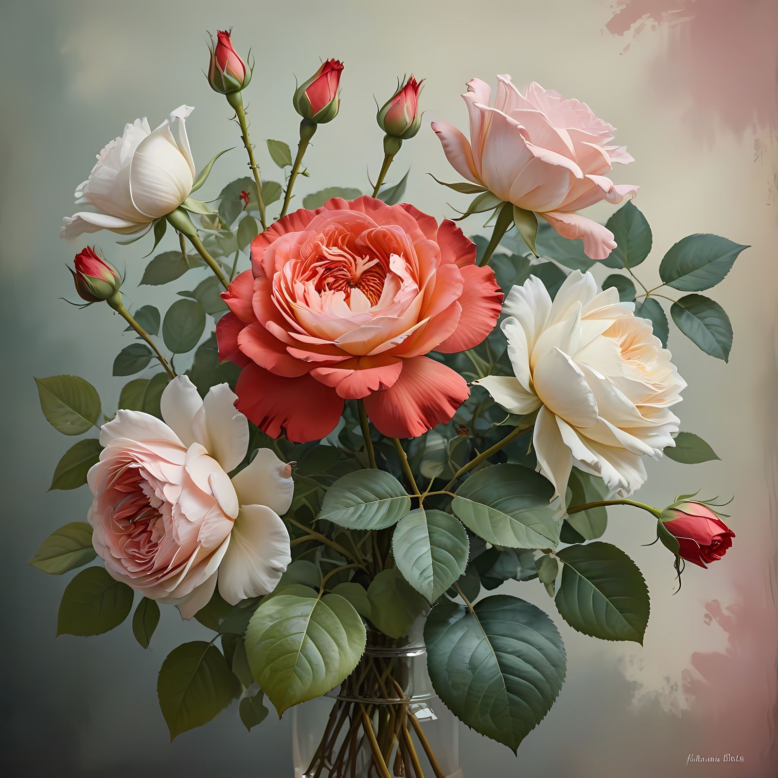 Roses Fading to Pink and White Blooms in Soft Pastel Hues