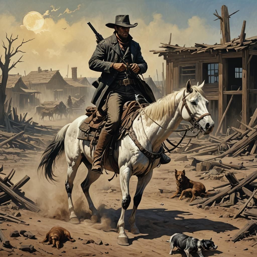 Sinister Gunslinger and Dog on Horseback