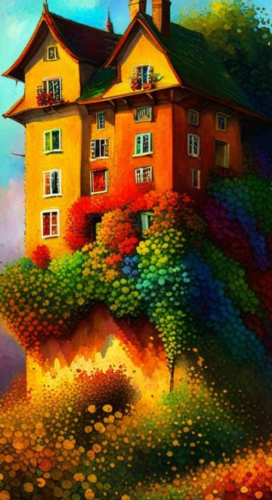Surreal Tilting House in Pointillism Style
