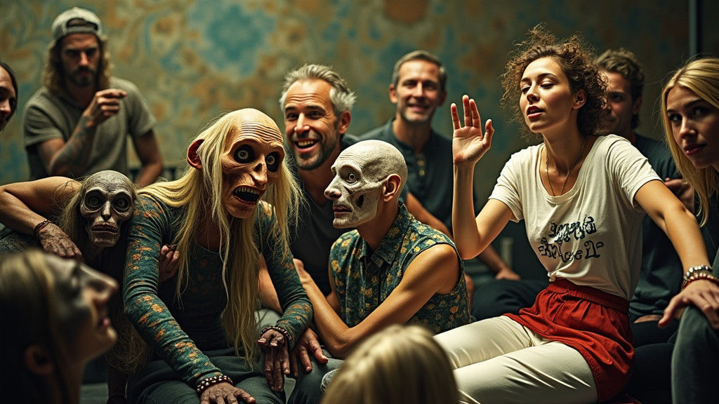 Surreal Gathering of People and Creatures