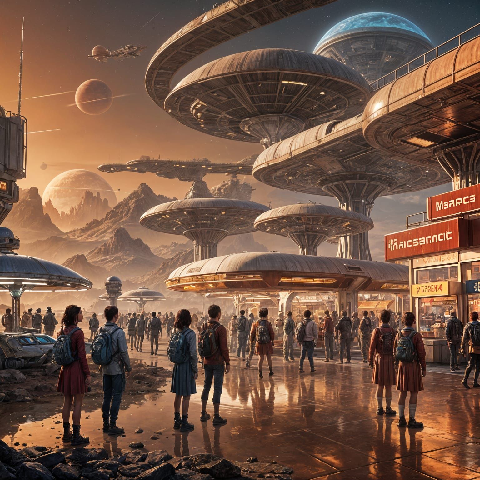Martian Coffee Shop Gathering in Futuristic Sci-Fi Cityscape