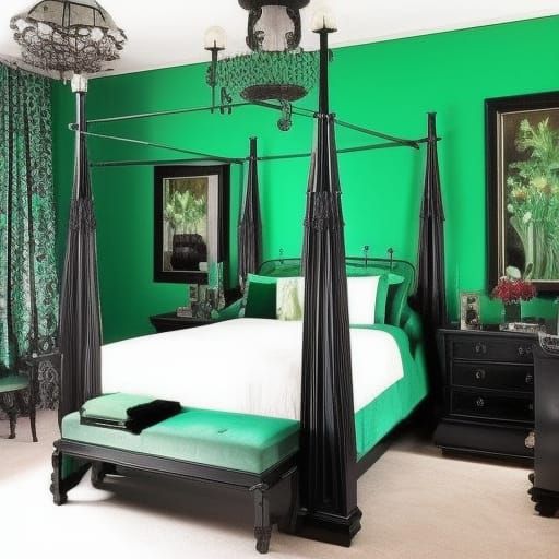 Emerald green Gothic bedroom with Emerald green walls with Black accents& Black Gothic windows& teal green curtains& Eme...