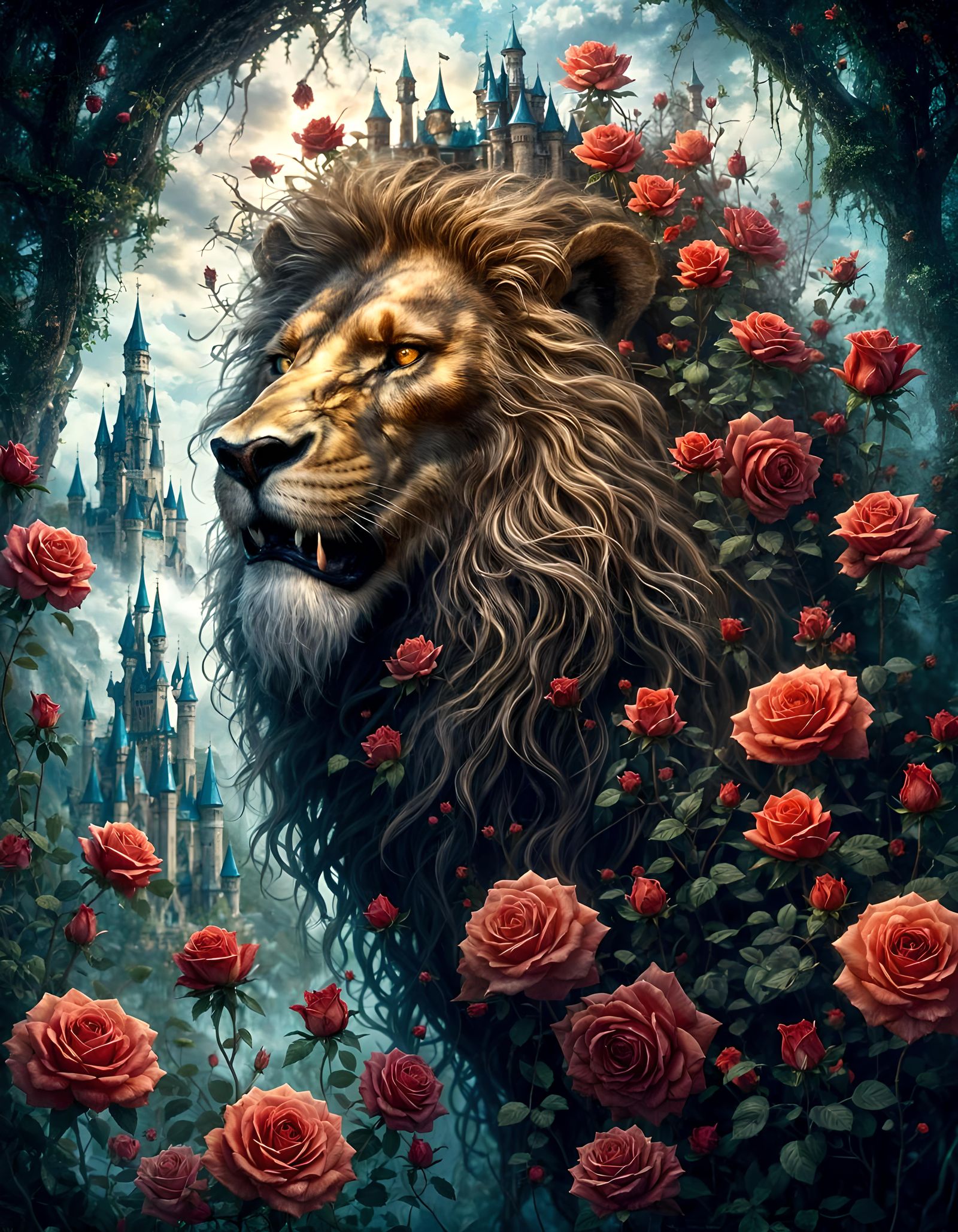 Rose with Fairy Village and Beast Portrait