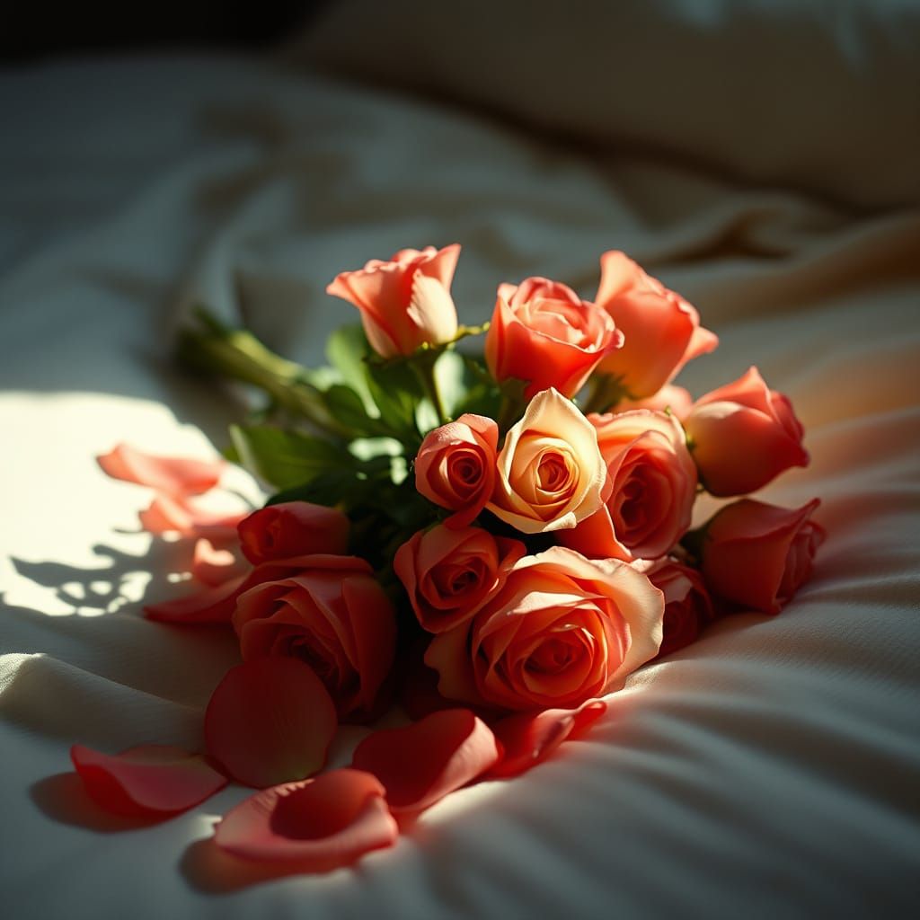 Cinematic Rose Bouquet on Plush Bed