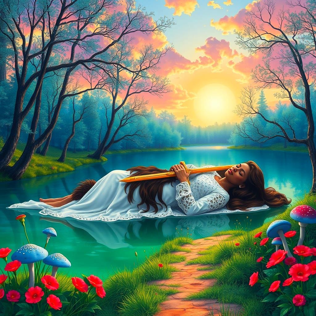 Serene Tan Goddess in Emerald Lake's Sunset Glow