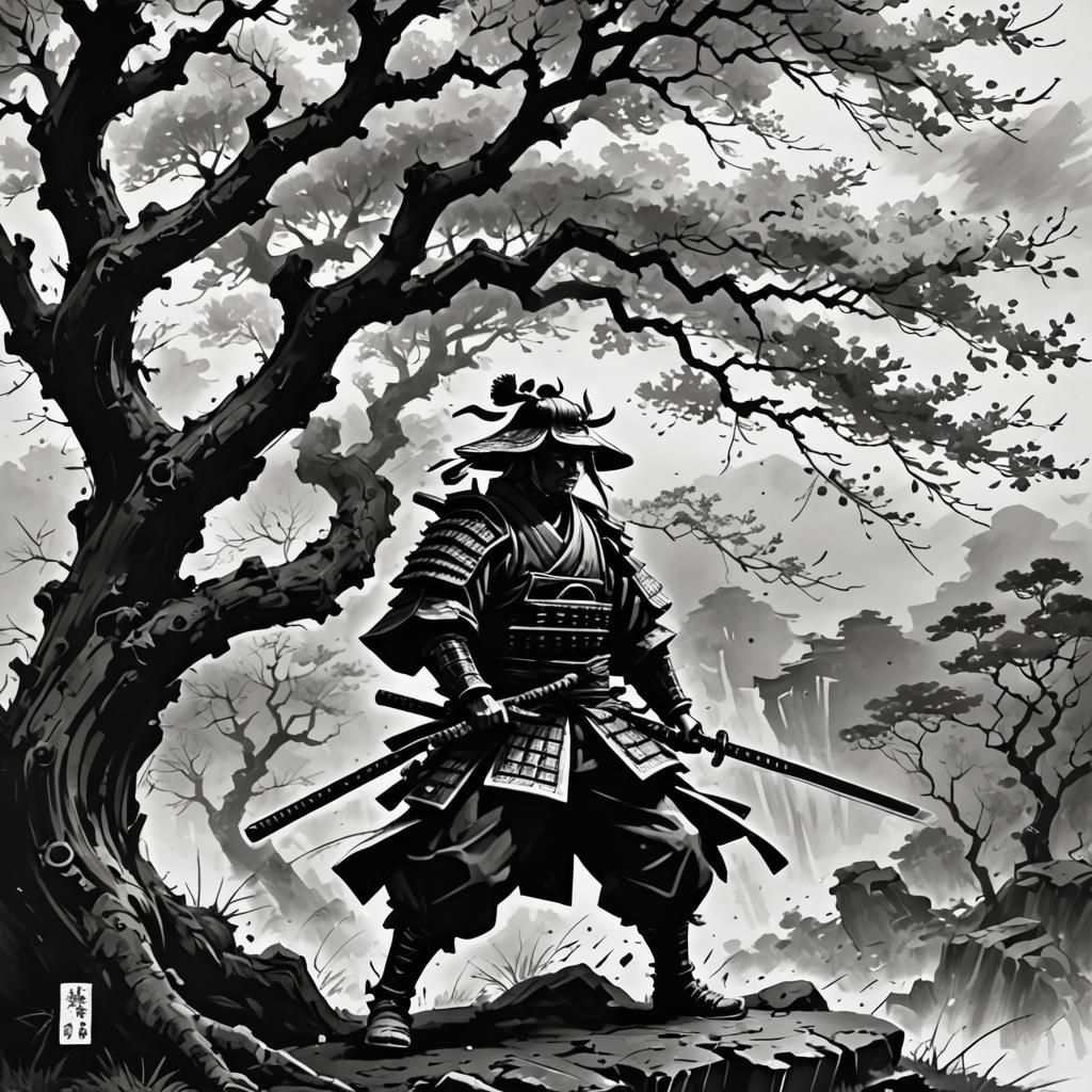 Anime-Style Samurai Splits Tree with Katana