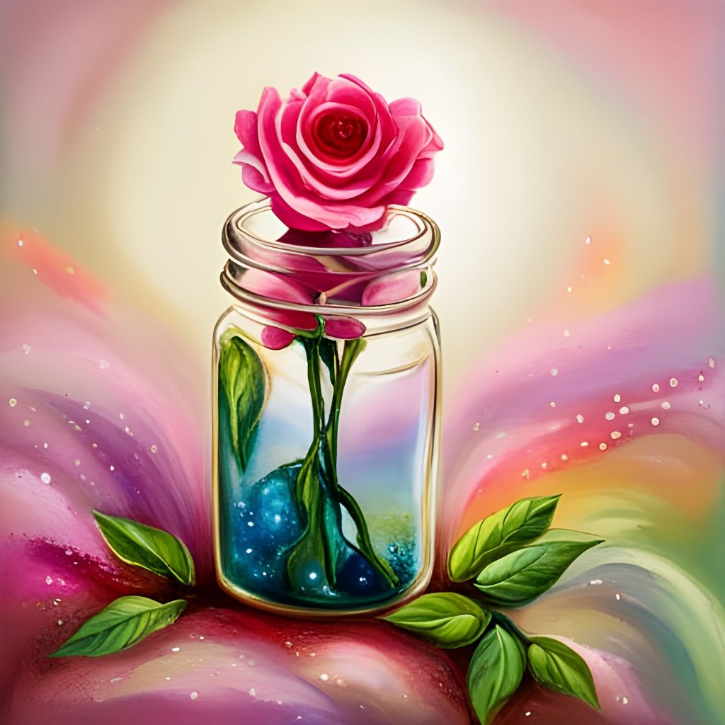 A beautiful rose in a bottle, lot of sparkles  everywhere, centered, vivid colours, exact match