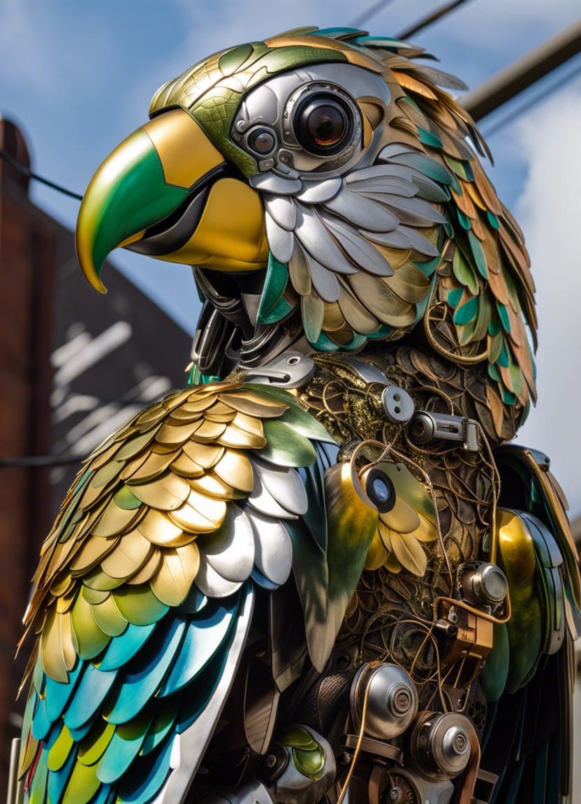 Metallic Parrot Robot on a Powerline