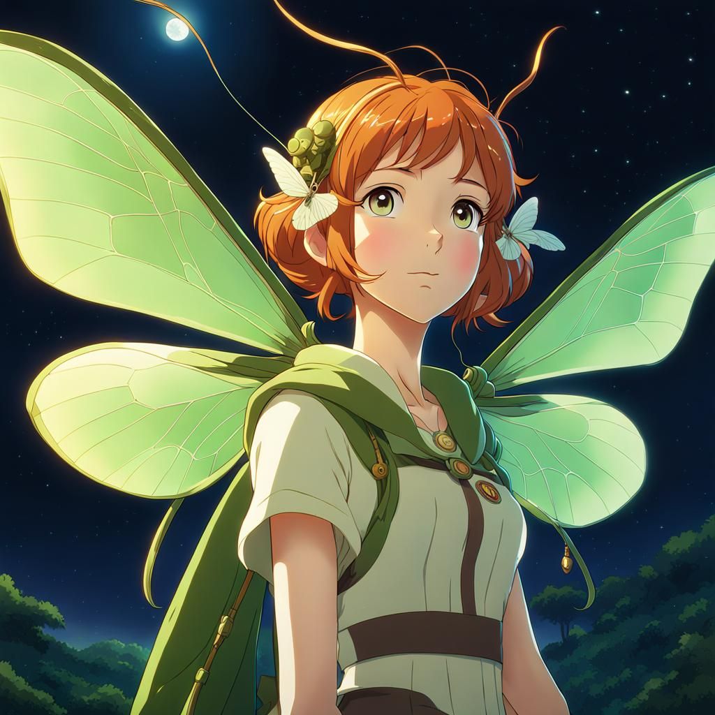Elf Girl with Moth Wings in Studio Ghibli Style