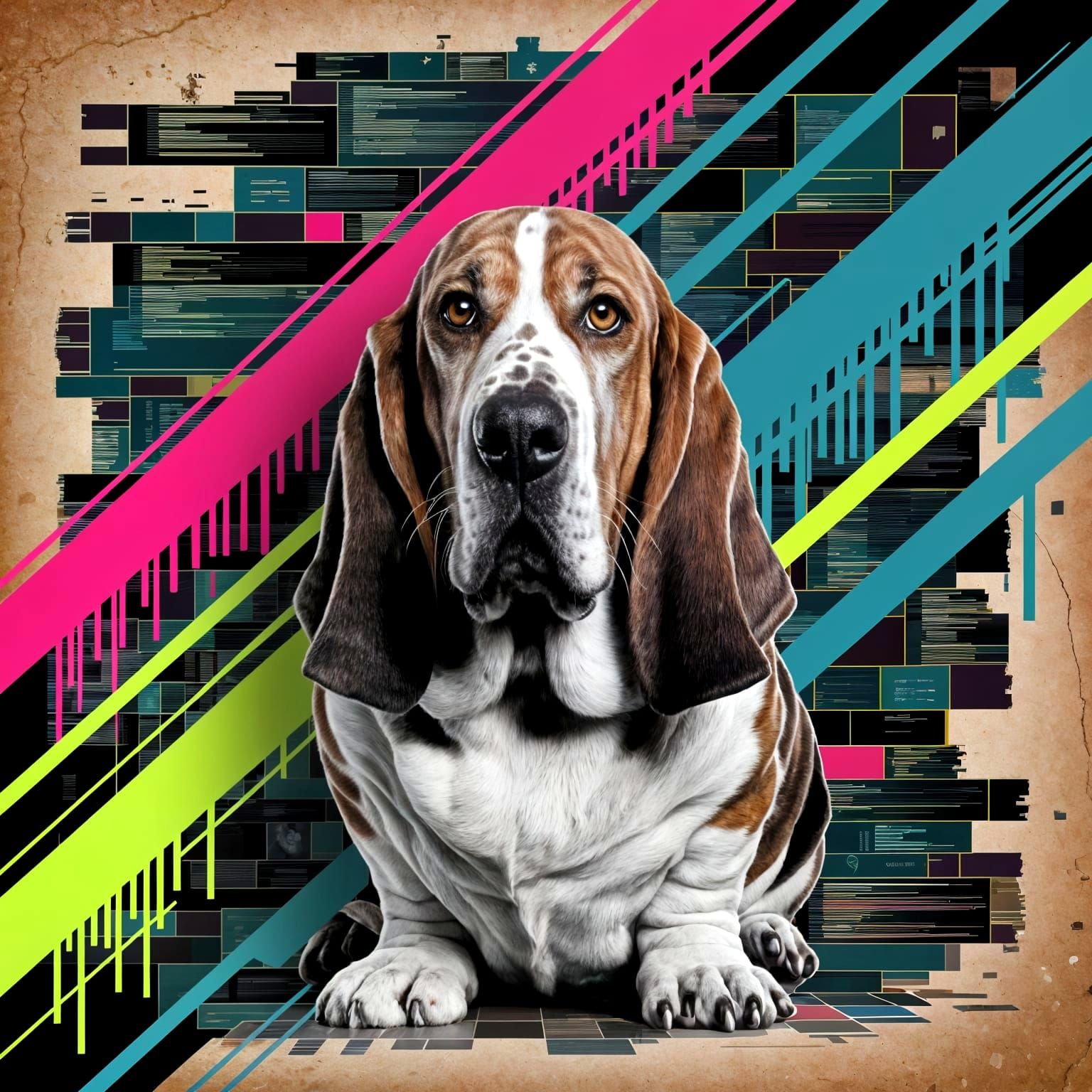 Glitchy Collage Portrait of a Basset Hound