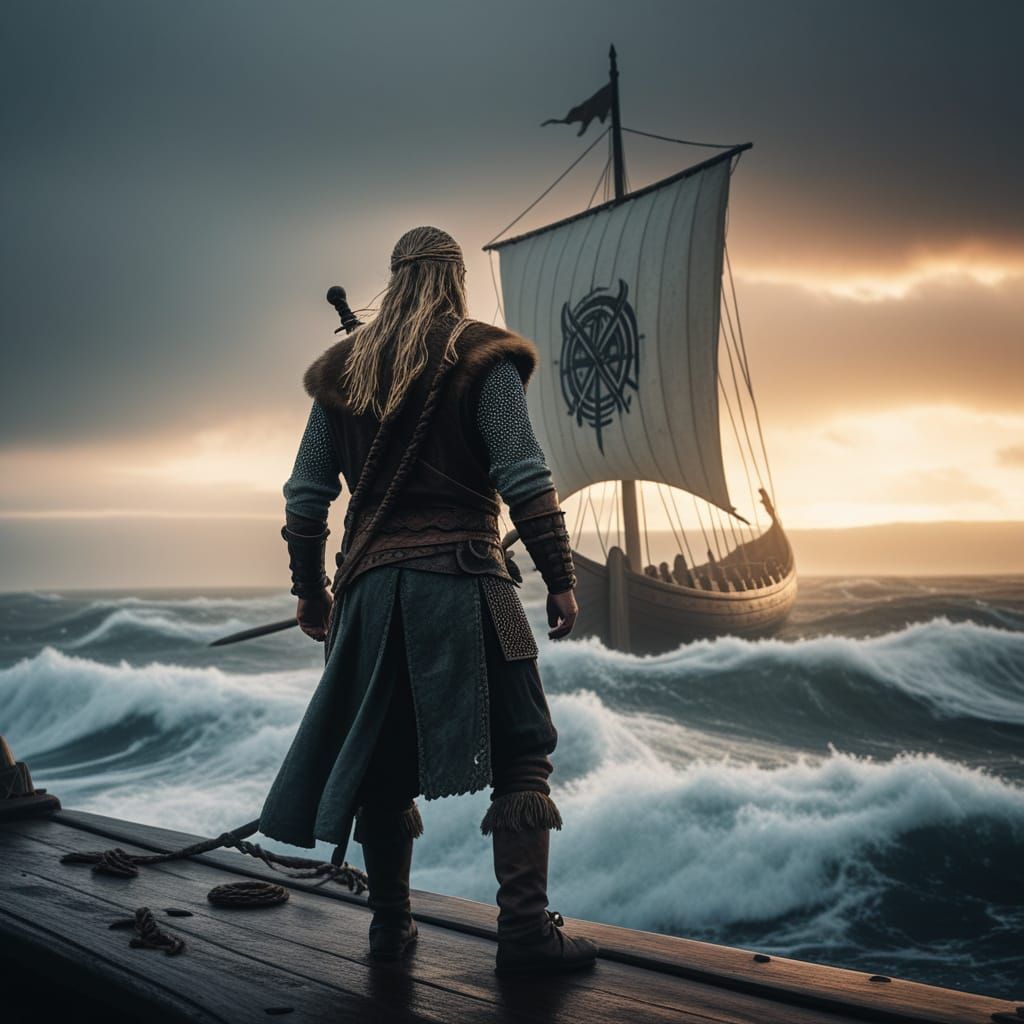 Viking Warrior on Longship at Sunset