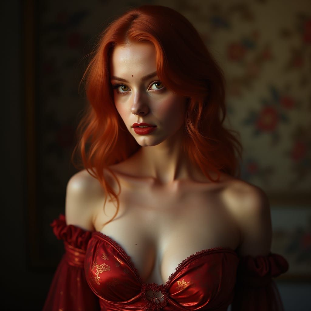 Cinematic Goddess in Crimson Brocade