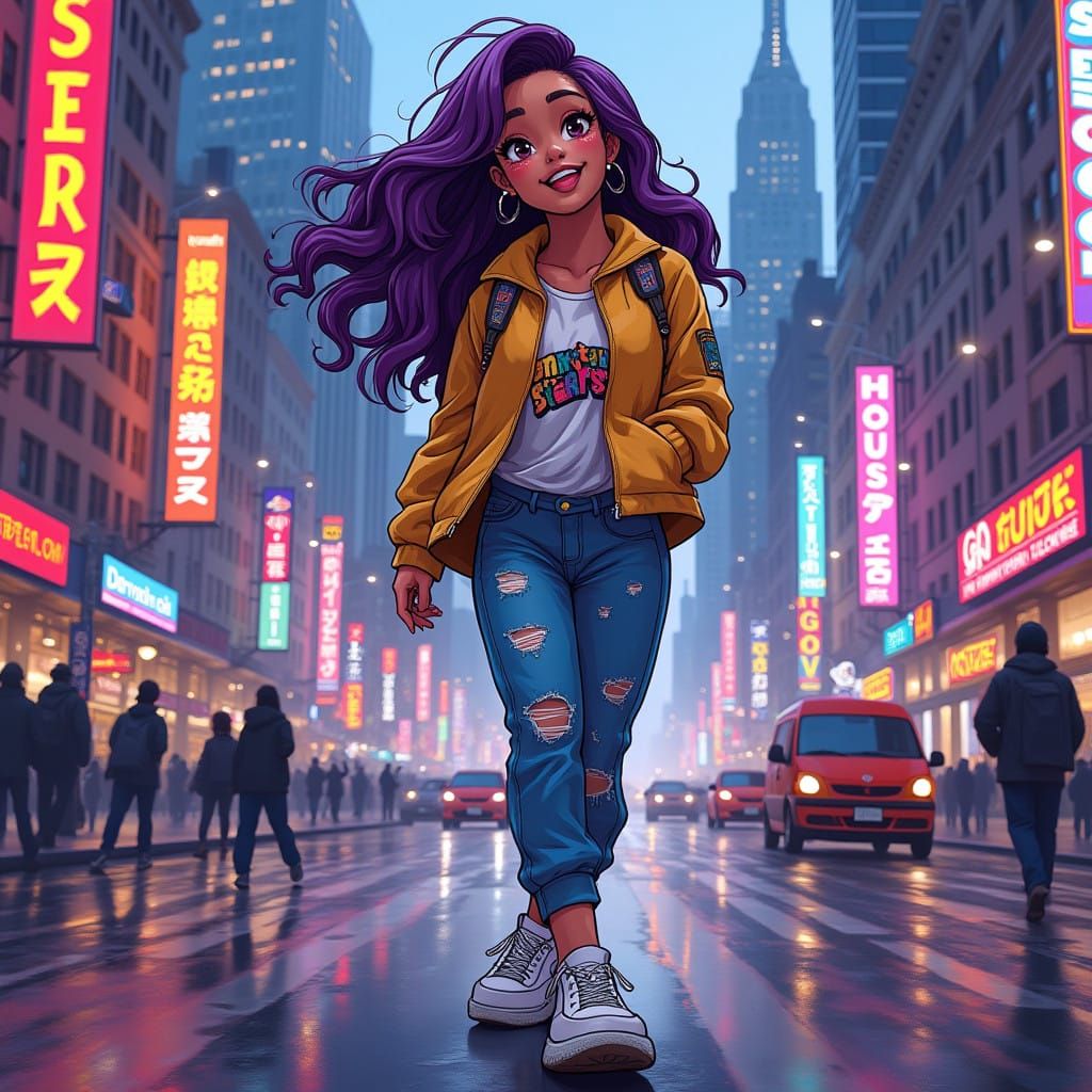 Vibrant Korean-Dominican Woman in Anime-Inspired Streetwear....