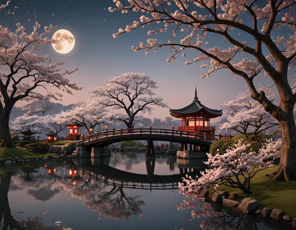 Japanese Temple and Bridge with Cherry Blossoms