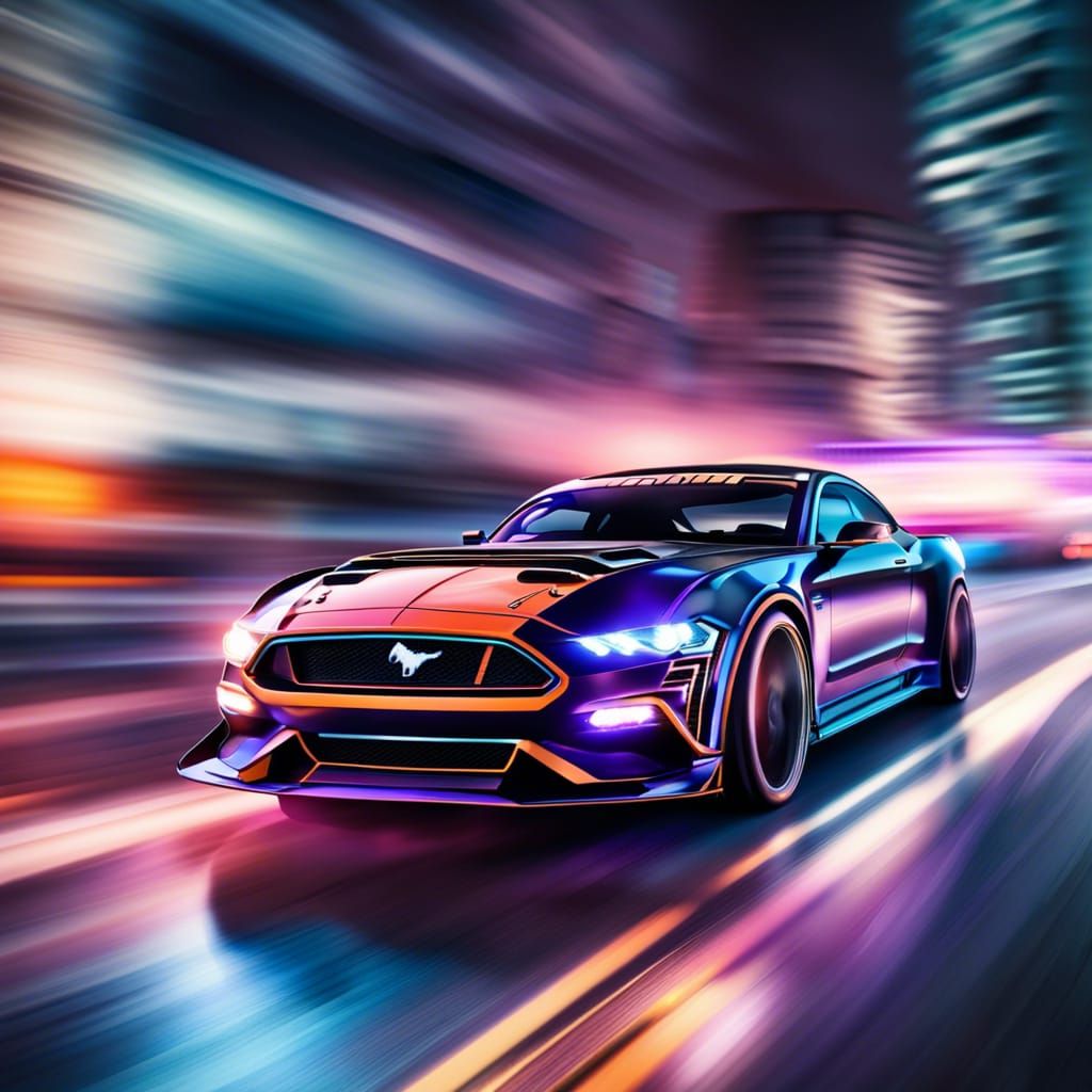 Cyberpunk Mustang Race with Motion Blur