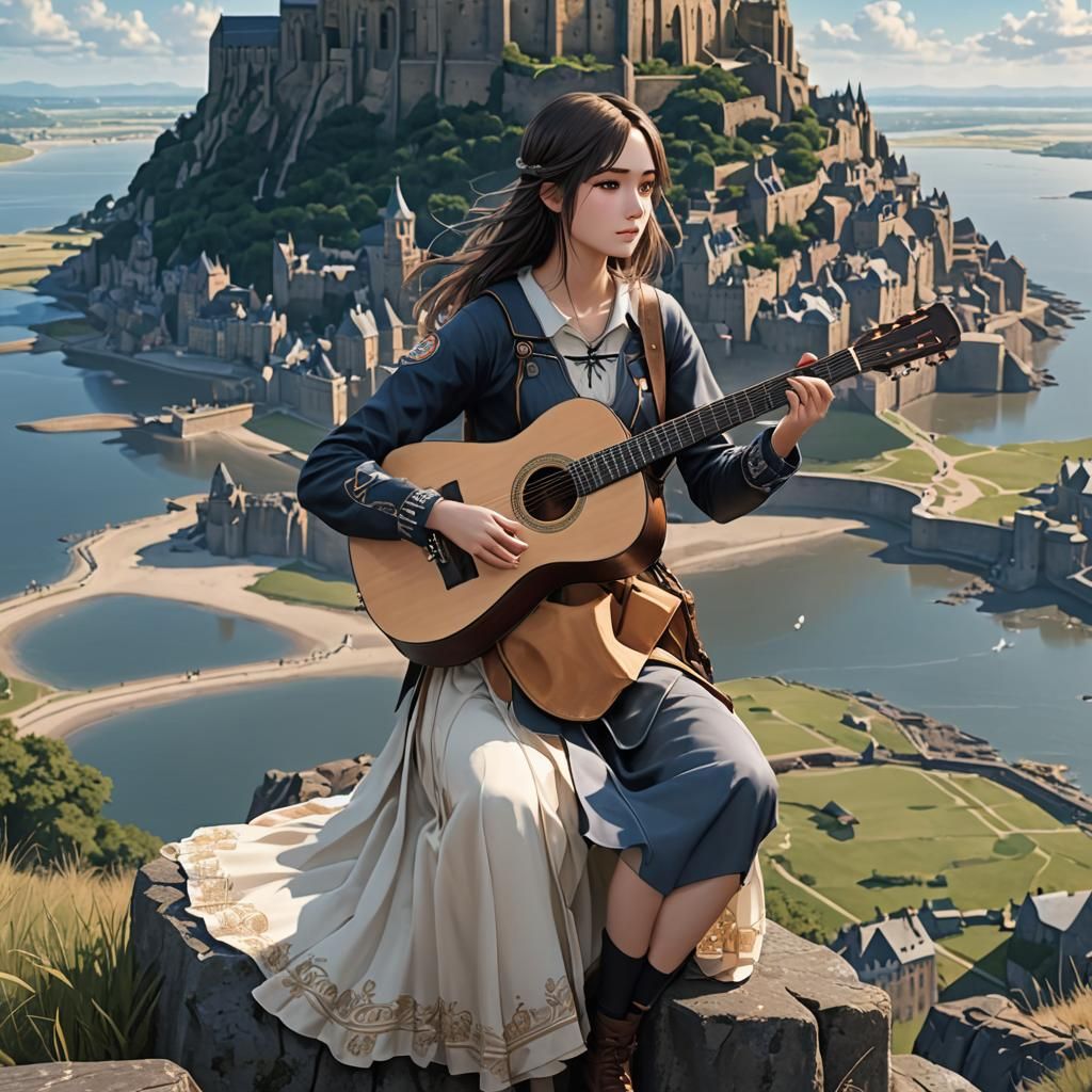 Anime Girl with Guitar at Mont Saint Michel