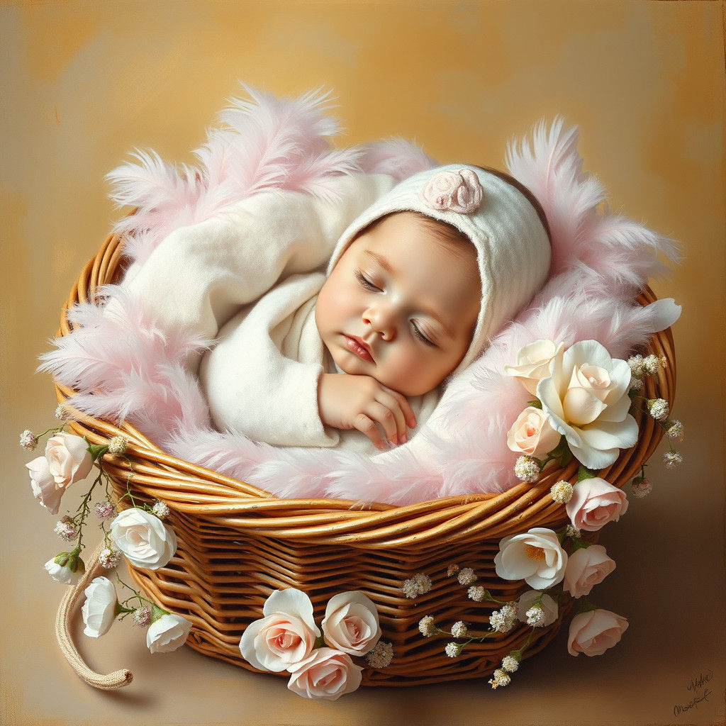 Baby Girl in Basket, Impressionist Oil Painting