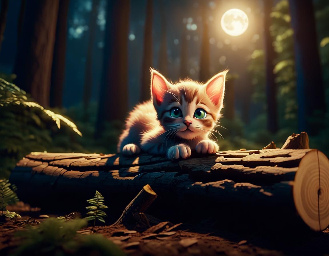 Kitten in Enchanted Forest, Hyper-Realistic Pixar Style