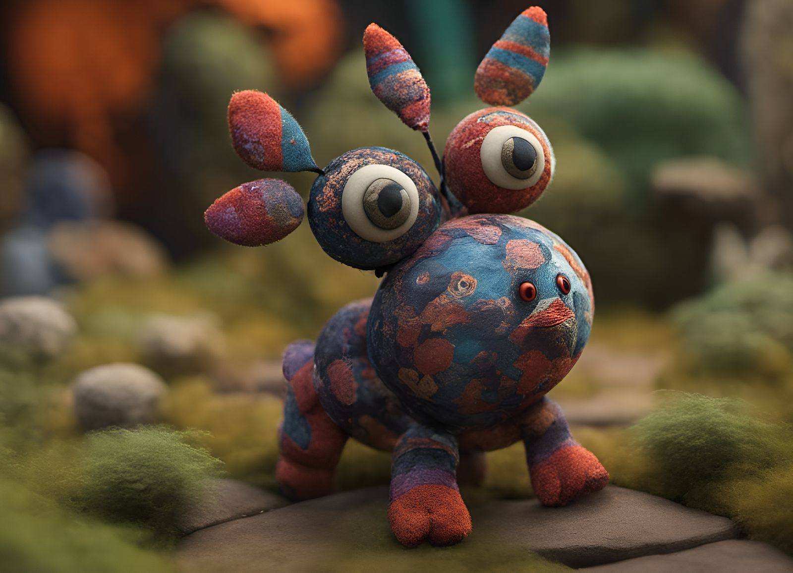 Plush Patchwork Creature in Fantasy Forest Collage