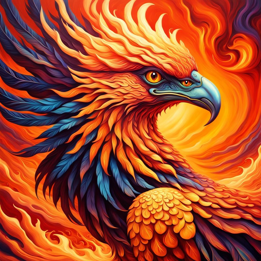 Flaming Phoenix in Vibrant Surrealist Oil Painting