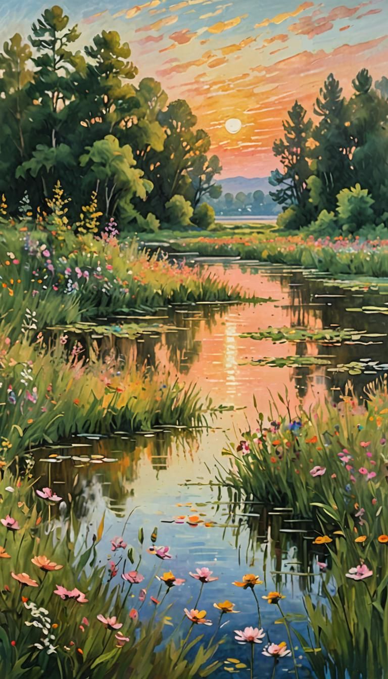 Golden Sunset Over Lakeside Meadow in Impressionist Style