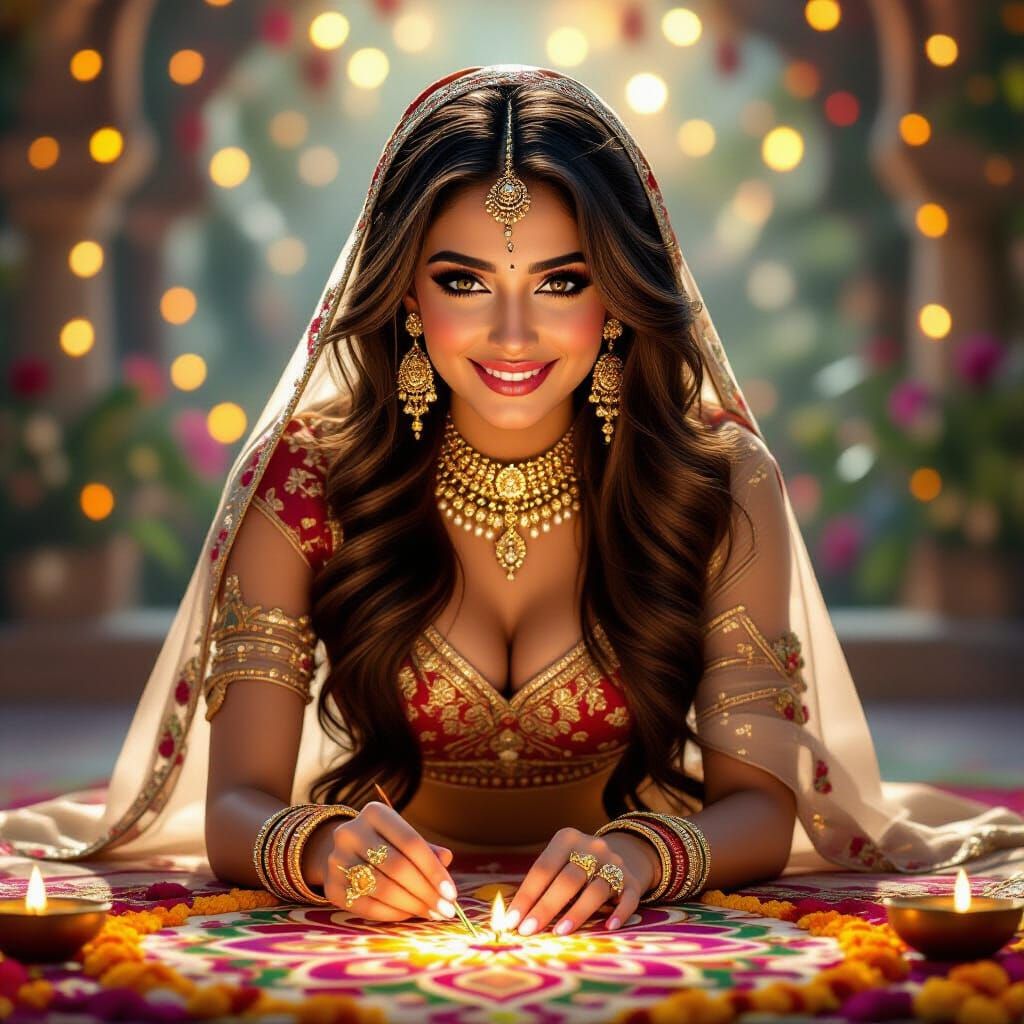 Persian Woman Creating Rangoli in Diwali Glow