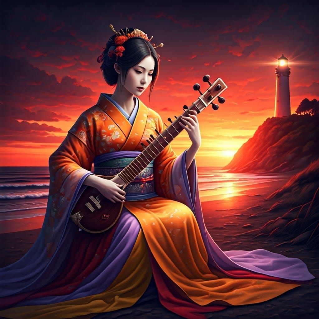 Japanese Princess Plays Sitar on Sunset Beach