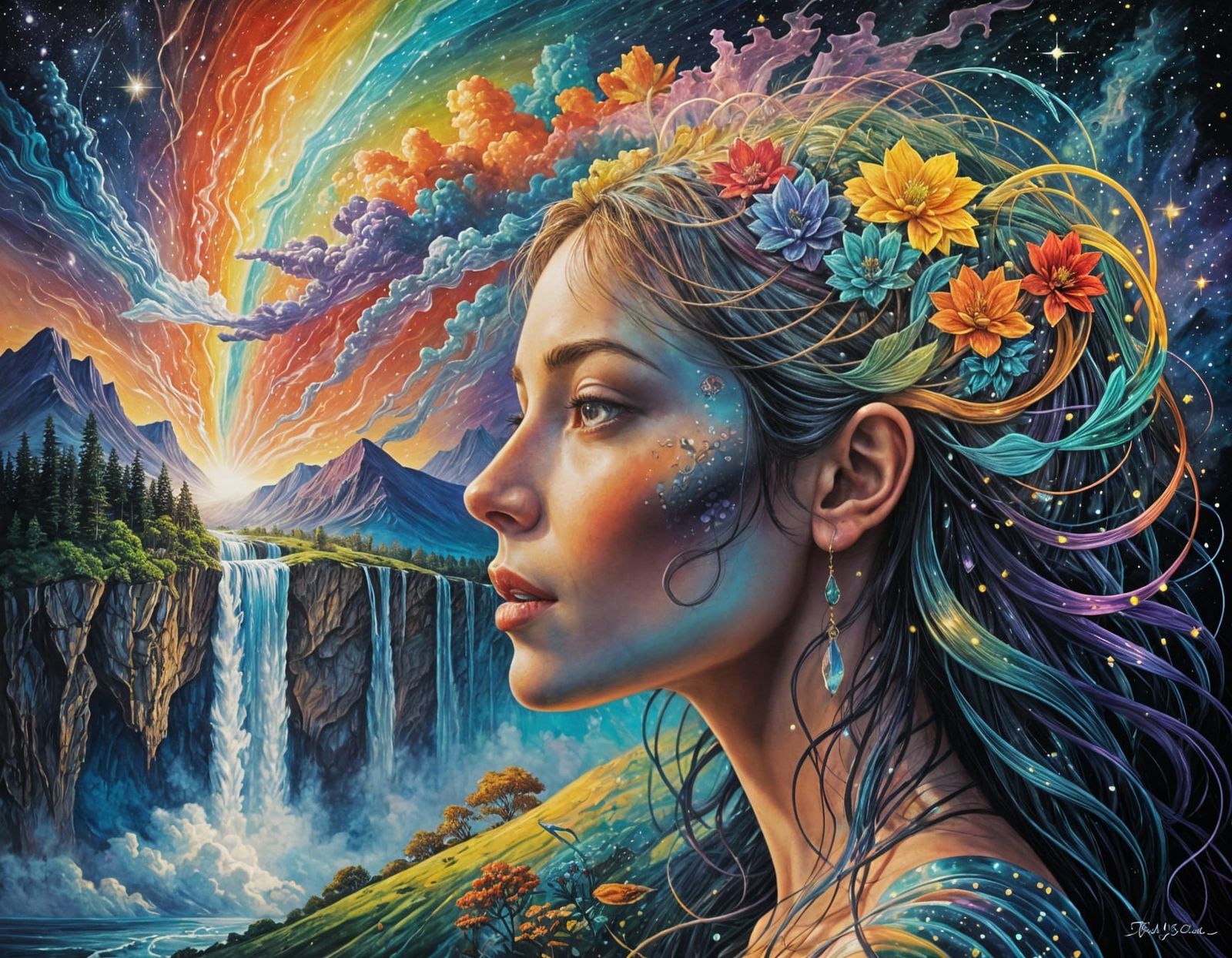 Mystical Female Face in Dreamscape, Surrealist Painting