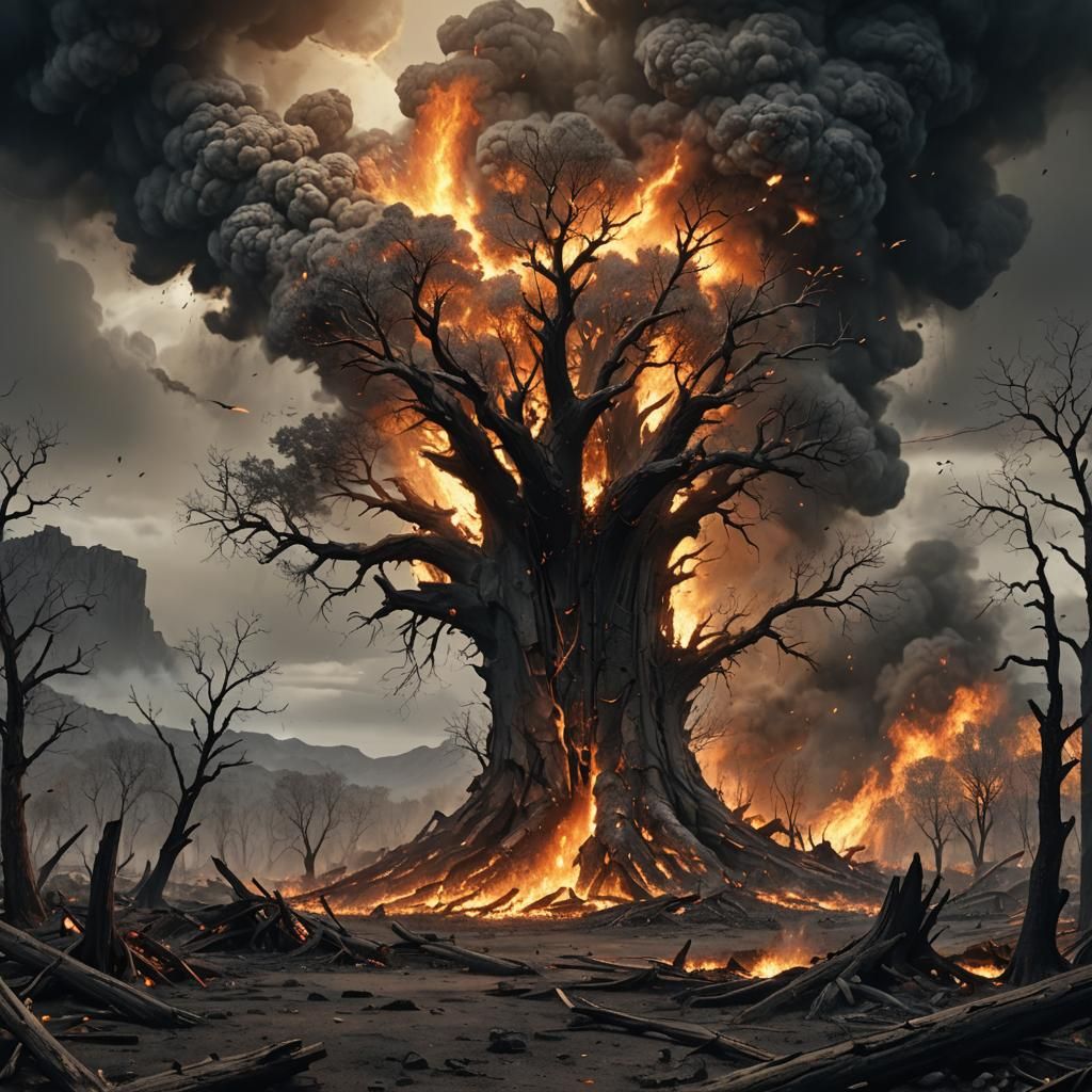Exploding Trees in War-Torn Landscape: Digital Art