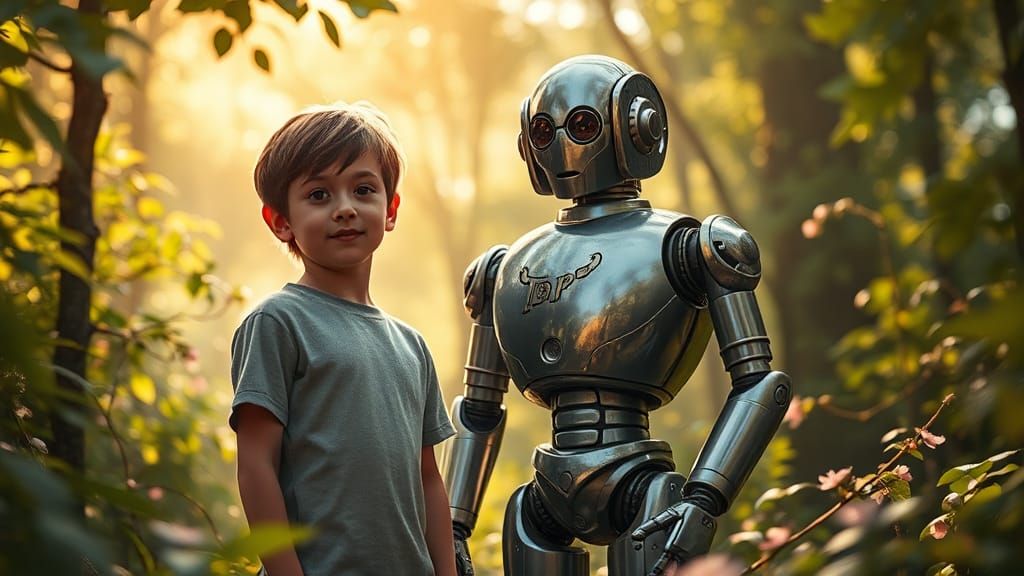 Children and Robot in Fairy Forest, Photorealistic Style