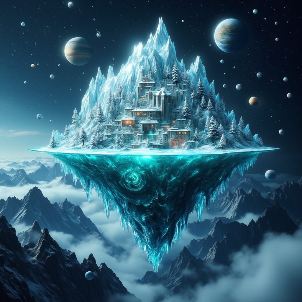 Surreal Floating Icy Island Above Void