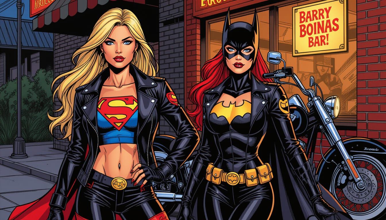 Supergirl and Batgirl Biker Babes in Comic Art Style