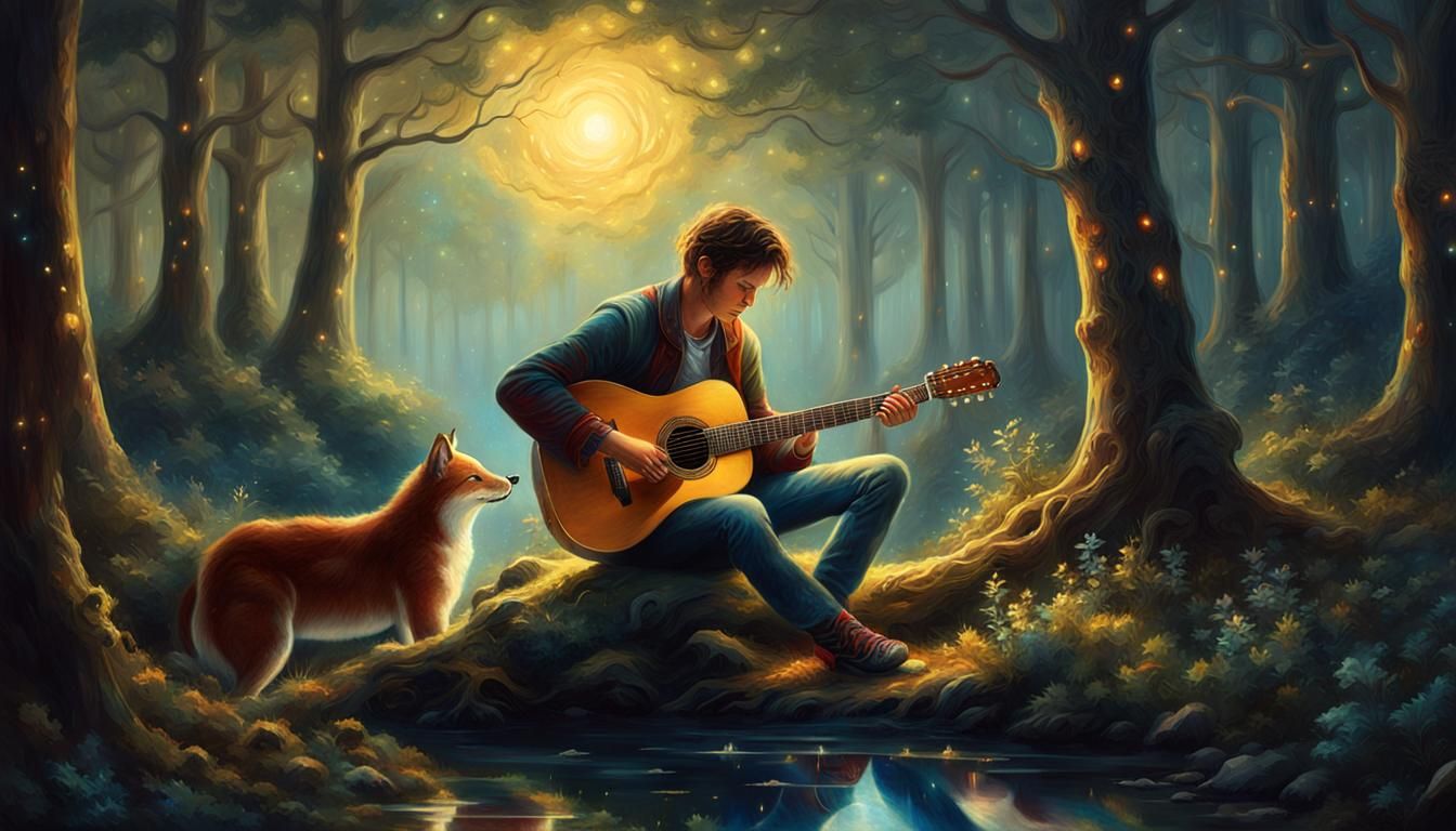 Starry Night Guitarist in Forest, Oil Painting