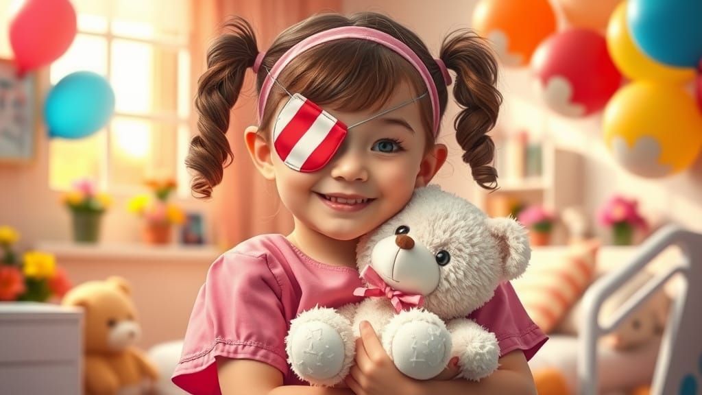 Girl with Eyepatch and Teddy Bear in Hospital Room