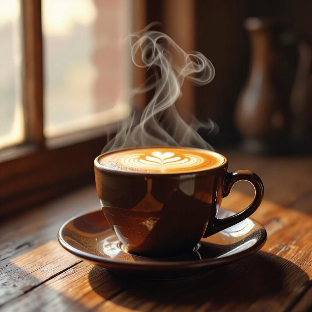 Steaming Coffee Cup with Latte Art on Rustic Table