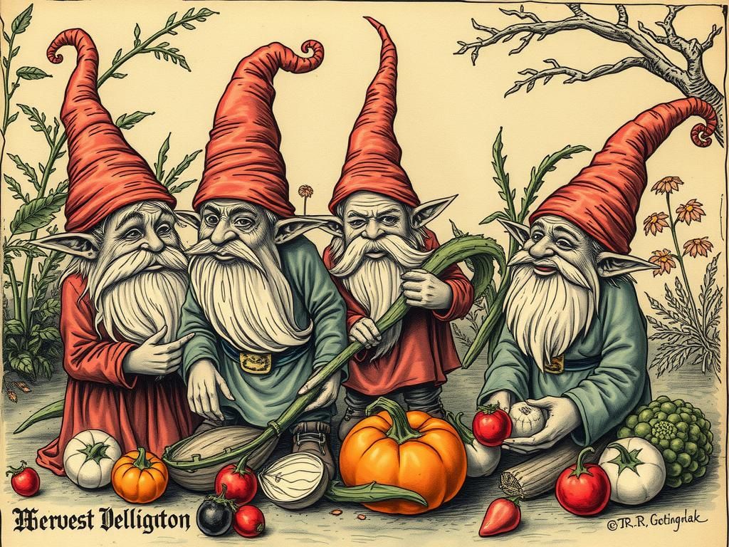 Grotesque Gnomes Harvesting Vegetables in Renaissance Style