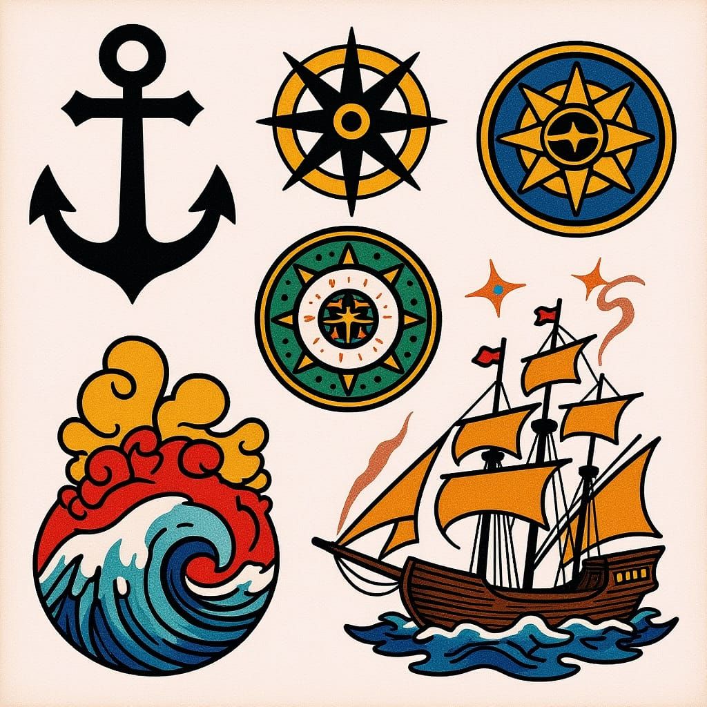 Nautical Tattoo Flash Sheet in Traditional Style