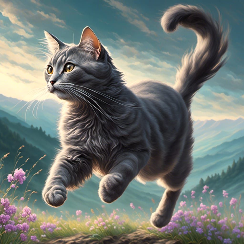 Fast Dark Grey Cat Running with Blurred Background