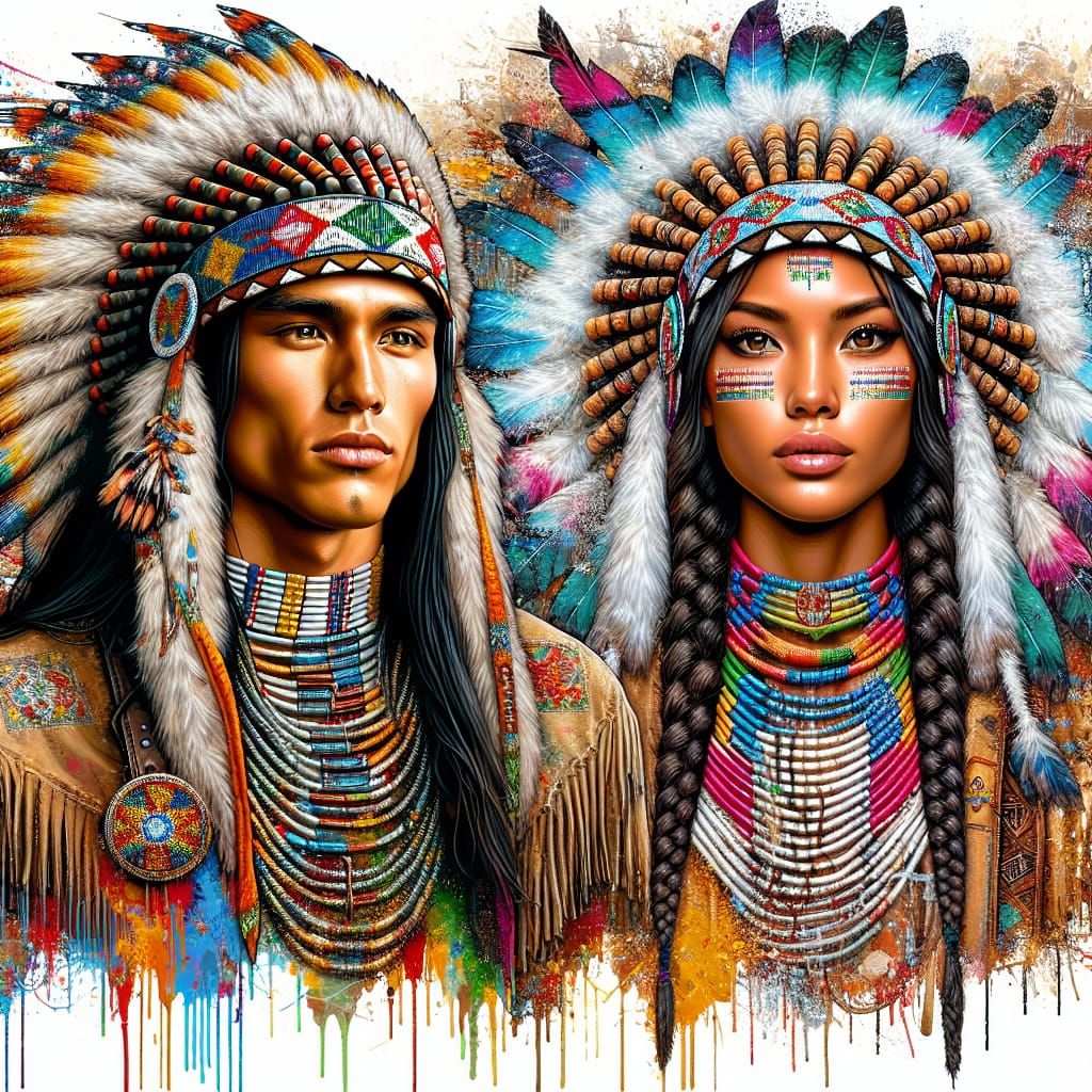 Native American Chief and Woman in Street Art Style