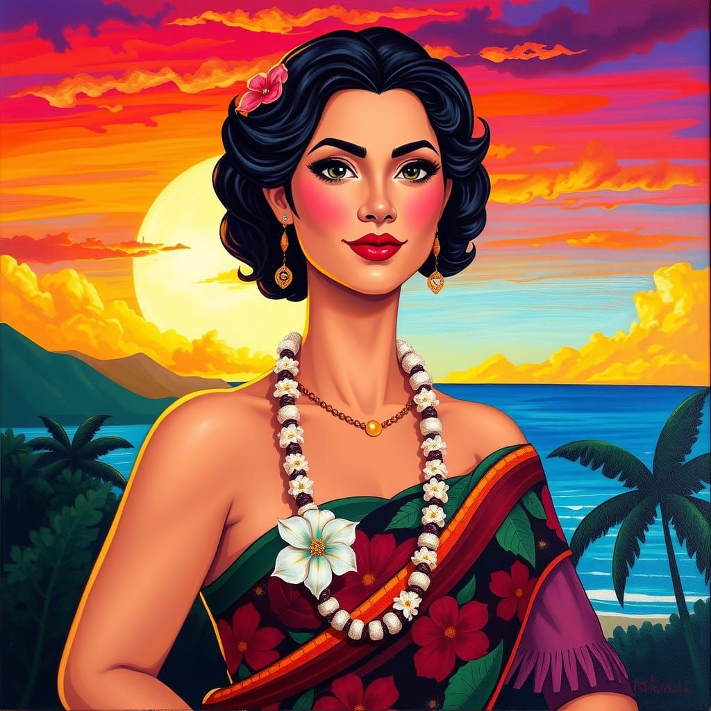 Queen Kaahumanu in a Tropical Sunset Painting