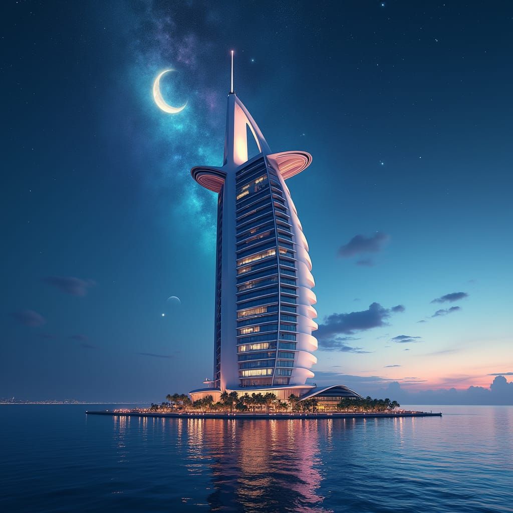 Futuristic Skyscraper Reflecting Nebula at Night