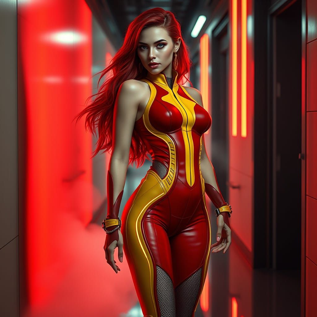 Cyberpunk Woman in Red & Yellow Bodysuit, Neon Corridor