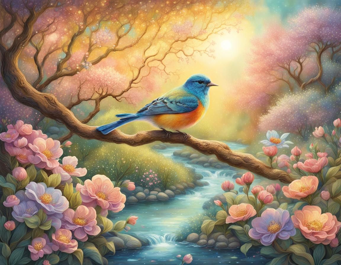 Whimsical Bird in Floral Fantasy Illustration