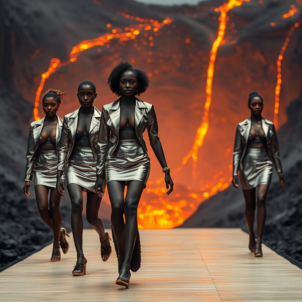 Dark Skinned Women Strut in Silver on Volcanic Runway